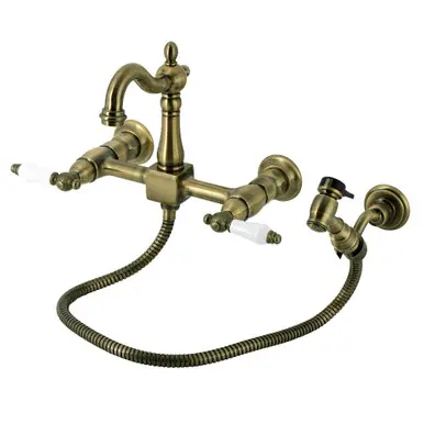 Kingston Brass Heritage Double-Handle Wall-Mount Bridge Kitchen Faucet with Brass Sprayer, Antique Brass - KS2443PLBS Secure Checkout