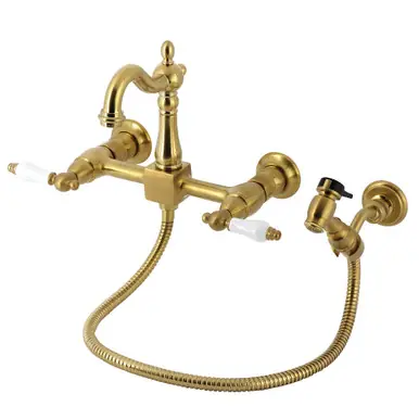Holiday Sale Kingston Brass Heritage Double-Handle Wall-Mount Bridge Kitchen Faucet with Brass Sprayer, Brushed Brass - KS2447PLBS