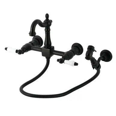 Kingston Brass Heritage Double-Handle Wall-Mount Bridge Kitchen Faucet with Brass Sprayer, Matte Black - KS2440PLBS Express Delivery