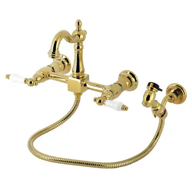 Factory Price Kingston Brass Heritage Double-Handle Wall-Mount Bridge Kitchen Faucet with Brass Sprayer, Polished Brass - KS2442PLBS