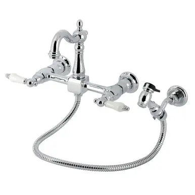 Kingston Brass Heritage Double-Handle Wall-Mount Bridge Kitchen Faucet with Brass Sprayer, Polished Chrome - KS2441PLBS Super Sale