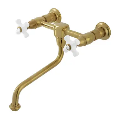 Kingston Brass Heritage Two Handle Wall Mount Bathroom Faucet, Brushed Brass - KS1217PX Latest