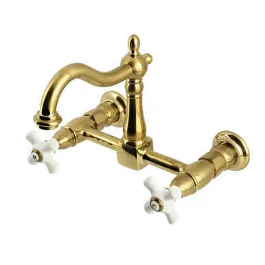Kingston Brass Heritage Two Handle Wall Mount Kitchen Faucet, Brushed Brass - KS1267PX Next Day Delivery