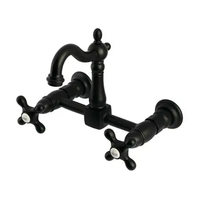 Certified Kingston Brass Heritage Two Handle Wall Mount Kitchen Faucet, Matte Black - KS2440AX