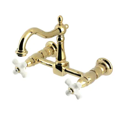 Deal Kingston Brass Heritage Two Handle Wall Mount Kitchen Faucet, Polished Brass - KS1262PX
