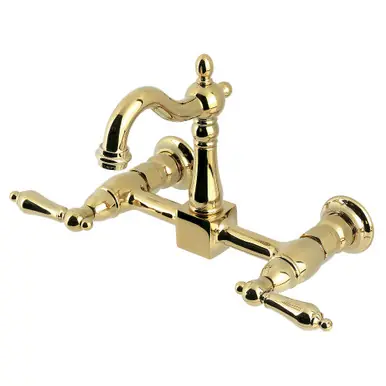 Fresh Stock Kingston Brass Heritage Two Handle Wall Mount Kitchen Faucet, Polished Brass - KS2442AL