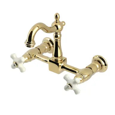 Trending Kingston Brass Heritage Two Handle Wall Mount Kitchen Faucet, Polished Brass - KS2442PX