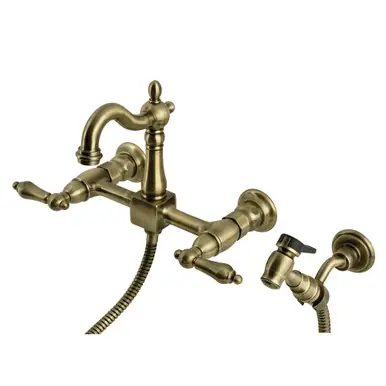Kingston Brass Heritage Wall Mount Bridge Kitchen Faucet with Brass Sprayer, Antique Brass - KS2443ALBS Top Pick