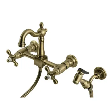 Kingston Brass Heritage Wall Mount Bridge Kitchen Faucet with Brass Sprayer, Antique Brass - KS2443AXBS Best Choice