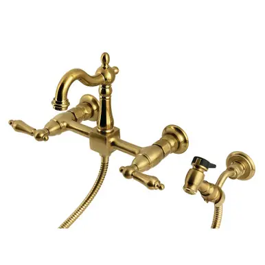 Buy Today Kingston Brass Heritage Wall Mount Bridge Kitchen Faucet with Brass Sprayer, Brushed Brass - KS2447ALBS