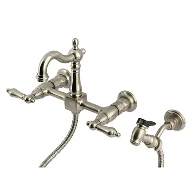 Kingston Brass Heritage Wall Mount Bridge Kitchen Faucet with Brass Sprayer, Brushed Nickel - KS2448ALBS Today Only