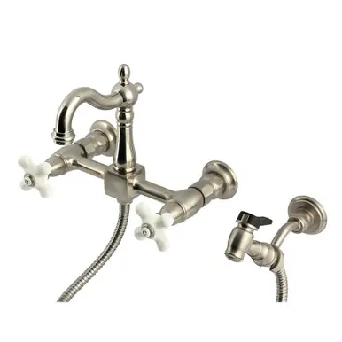 Hot Deal Kingston Brass Heritage Wall Mount Bridge Kitchen Faucet with Brass Sprayer, Brushed Nickel - KS2448PXBS