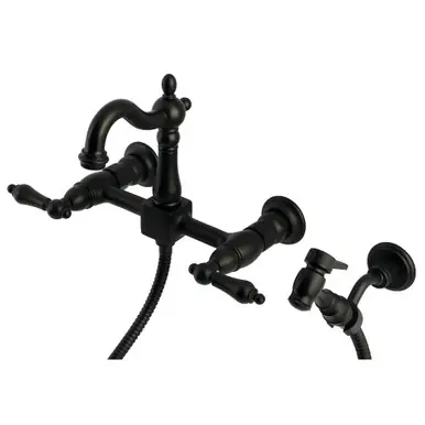Kingston Brass Heritage Wall Mount Bridge Kitchen Faucet with Brass Sprayer, Matte Black - KS2440ALBS Direct From Factory