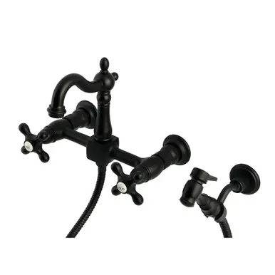 Kingston Brass Heritage Wall Mount Bridge Kitchen Faucet with Brass Sprayer, Matte Black - KS2440AXBS Shop Now