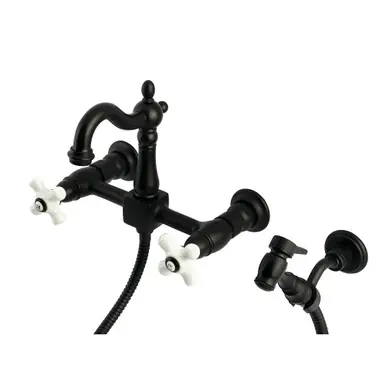 Buy Online Kingston Brass Heritage Wall Mount Bridge Kitchen Faucet with Brass Sprayer, Matte Black - KS2440PXBS