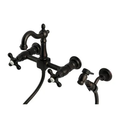 Kingston Brass Heritage Wall Mount Bridge Kitchen Faucet with Brass Sprayer, Oil Rubbed Bronze - KS2445AXBS Big Sale