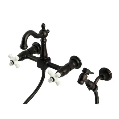 Budget Kingston Brass Heritage Wall Mount Bridge Kitchen Faucet with Brass Sprayer, Oil Rubbed Bronze - KS2445PXBS