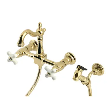 Kingston Brass Heritage Wall Mount Bridge Kitchen Faucet with Brass Sprayer, Polished Brass - KS2442PXBS Limited Edition