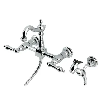 Kingston Brass Heritage Wall Mount Bridge Kitchen Faucet with Brass Sprayer, Polished Chrome - KS2441ALBS Viral