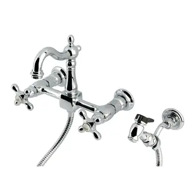 Hot Picks Kingston Brass Heritage Wall Mount Bridge Kitchen Faucet with Brass Sprayer, Polished Chrome - KS2441AXBS
