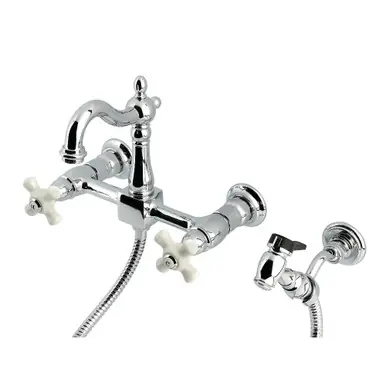 Direct From Manufacturer Kingston Brass Heritage Wall Mount Bridge Kitchen Faucet with Brass Sprayer, Polished Chrome - KS2441PXBS