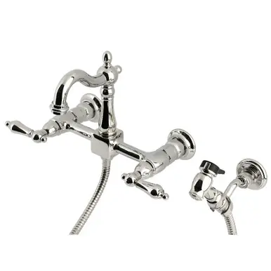 Kingston Brass Heritage Wall Mount Bridge Kitchen Faucet with Brass Sprayer, Polished Nickel - KS2446ALBS Affordable