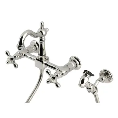 Kingston Brass Heritage Wall Mount Bridge Kitchen Faucet with Brass Sprayer, Polished Nickel - KS2446AXBS Free Delivery
