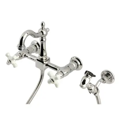 Kingston Brass Heritage Wall Mount Bridge Kitchen Faucet with Brass Sprayer, Polished Nickel - KS2446PXBS Special Offer