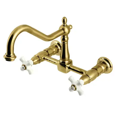 Don’t Miss Out Kingston Brass Heritage Wall Mount Bridge Kitchen Faucet, Brushed Brass - KS1247PX