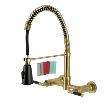 Kingston Brass Kaiser Double-Handle Wall-Mount Pre-Rinse Bridge Kitchen Faucet, Brushed Brass - GS8287CKL Secure Checkout