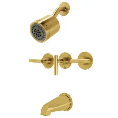 Instant Buy Kingston Brass KBX8137CML Manhattan Three-Handle Tub and Shower Faucet, Brushed Brass