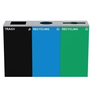Deal Alpine ALP4450-BLK-KIT39 87 Gal. 3-Stream Steel Blue Recycling, Green Recycling, and Black Commercial Trash Can Station